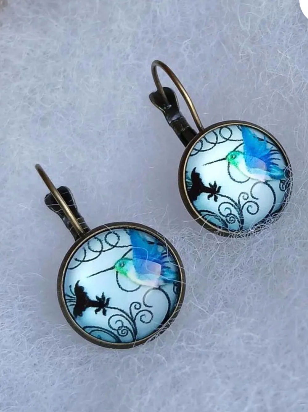 Blue Hummingbird Glass Dome Drop Earrings - Unbranded